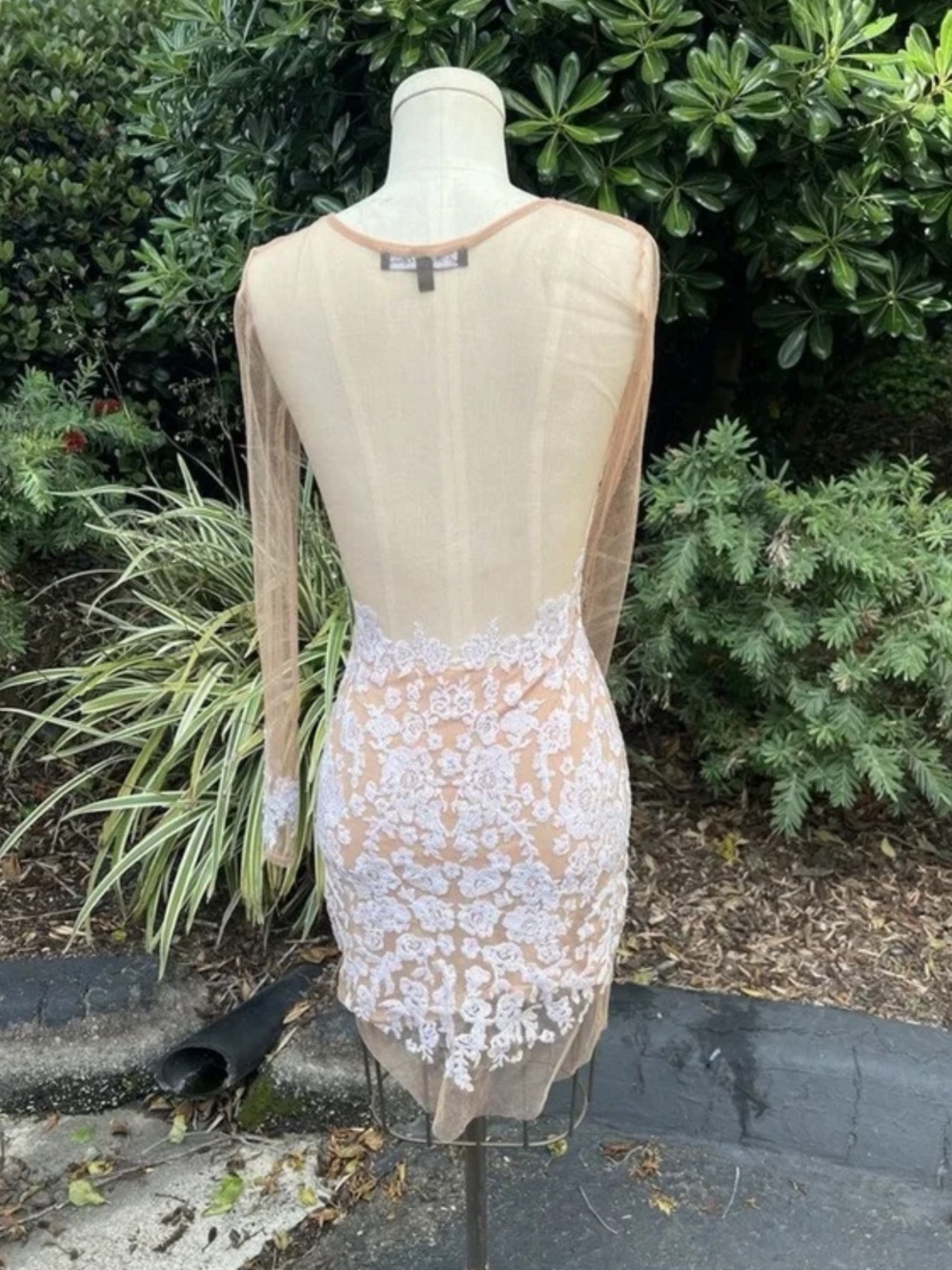 For Love & Lemons Nude Sheer Lace Appliqué Long Sleeve Dress - Picture 4 of 5